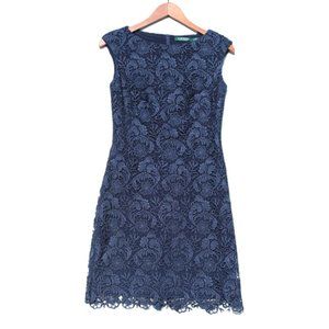 NWOT LAUREN Ralph Lauren Lace Dress Navy Blue Floral Full Zip Sleeveless sz 2